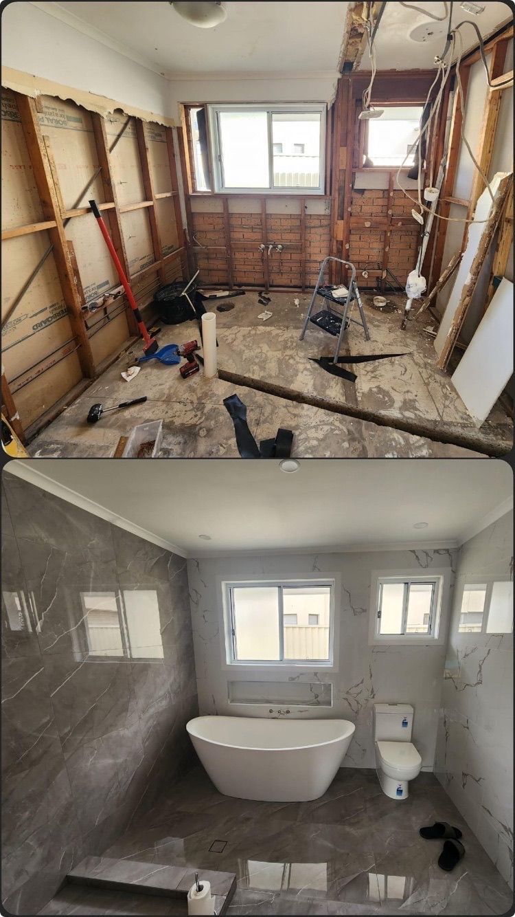 Bathroom renovation: Before shows exposed studs, debris. After reveals tiled walls, freestanding tub, and toilet.