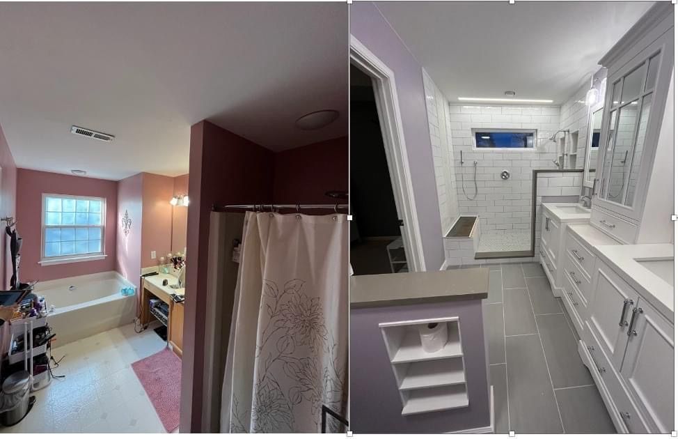 Bathroom before and after renovation. Pink walls replaced with lavender and white. New cabinetry, shower, and tile.