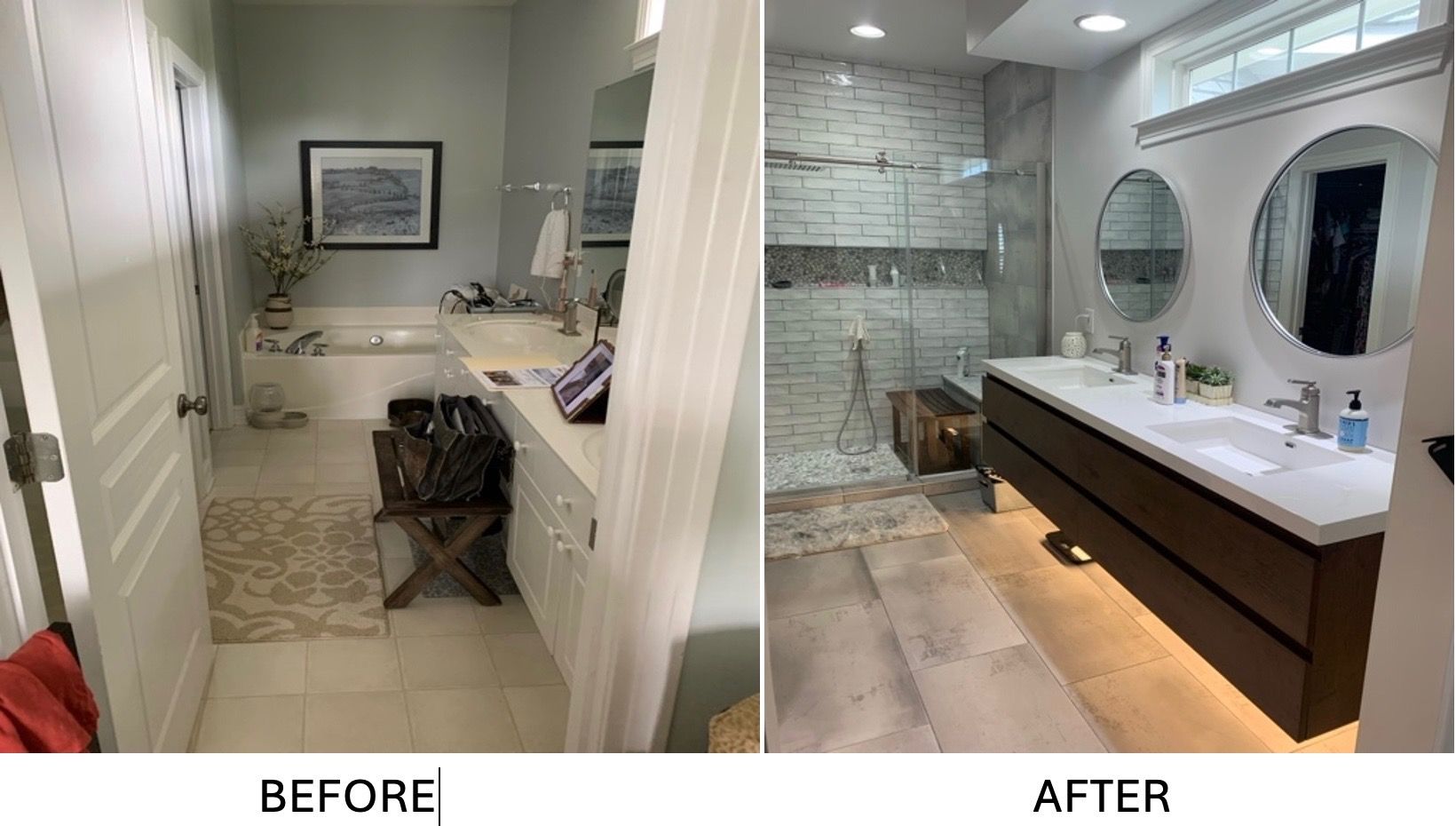 Before and after of a bathroom remodel. Light-filled new bathroom with a long vanity, large shower, and modern design.