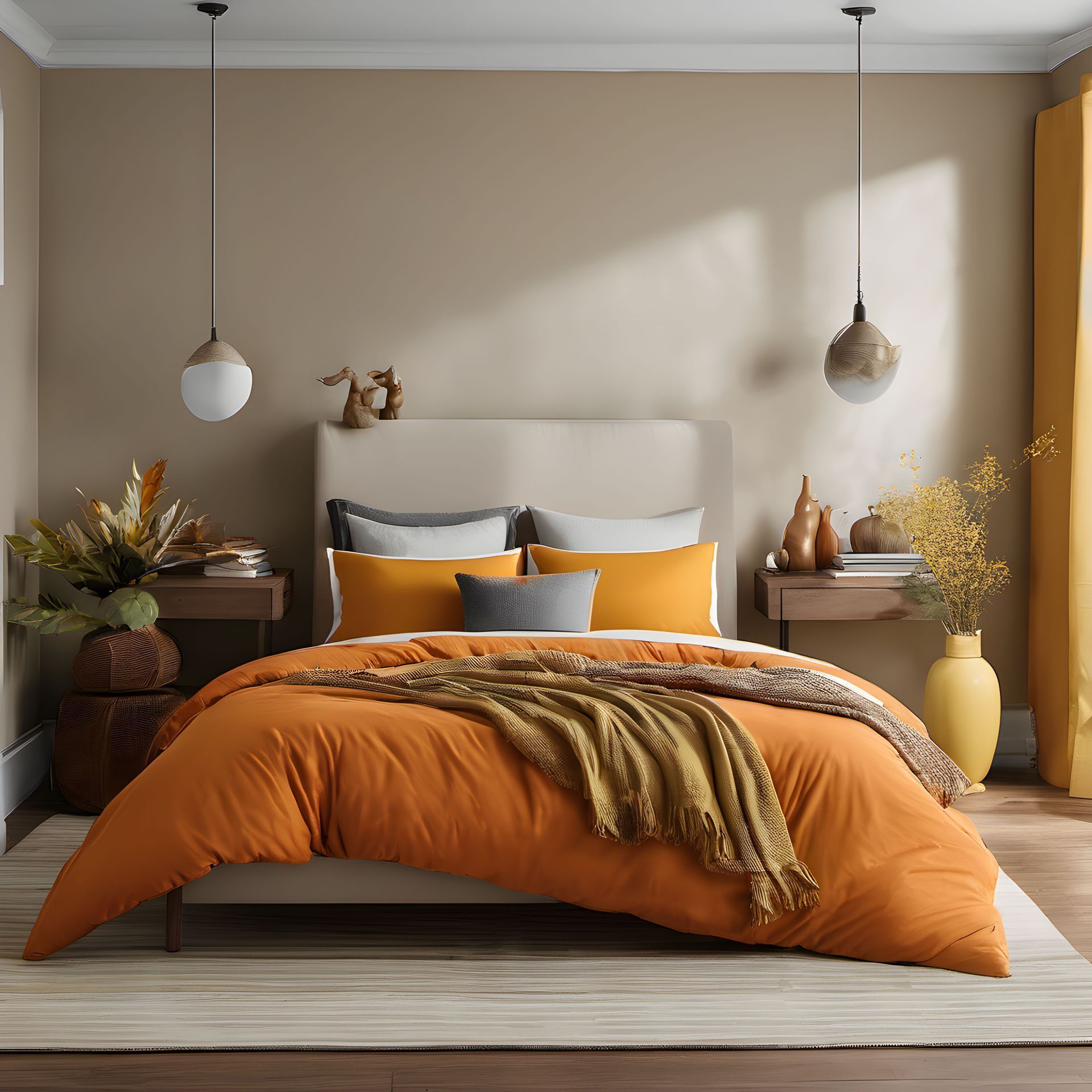 Bedroom with an orange comforter, gray and yellow pillows, and two hanging globe lights.