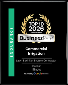 Black award plaque with gold laurel wreath, “Top 10 2026 BusinessRate,” and “Commercial Irrigation” in Illinois.