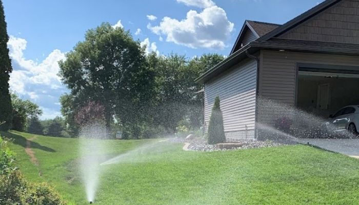 A lawn sprinkler is spraying water on a lush green lawn in front of a house.