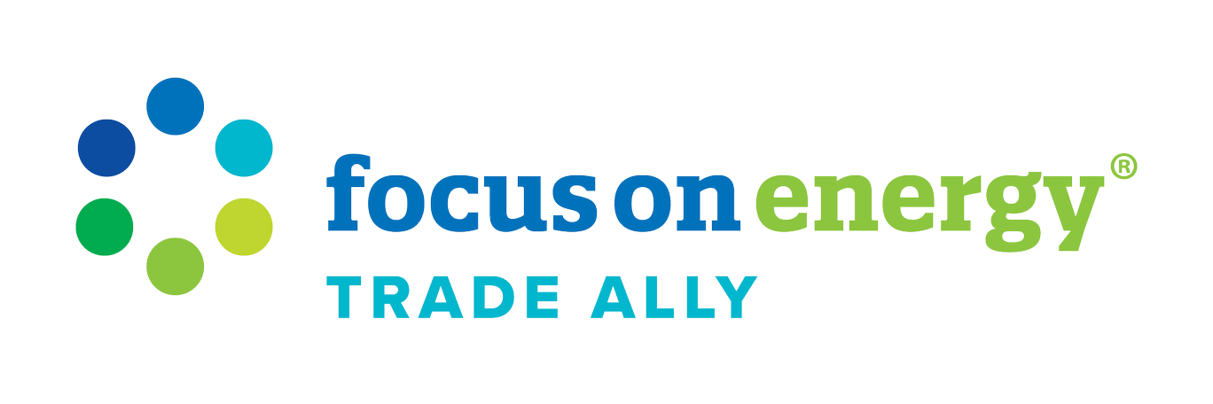 The focus on energy trade ally logo is blue and green