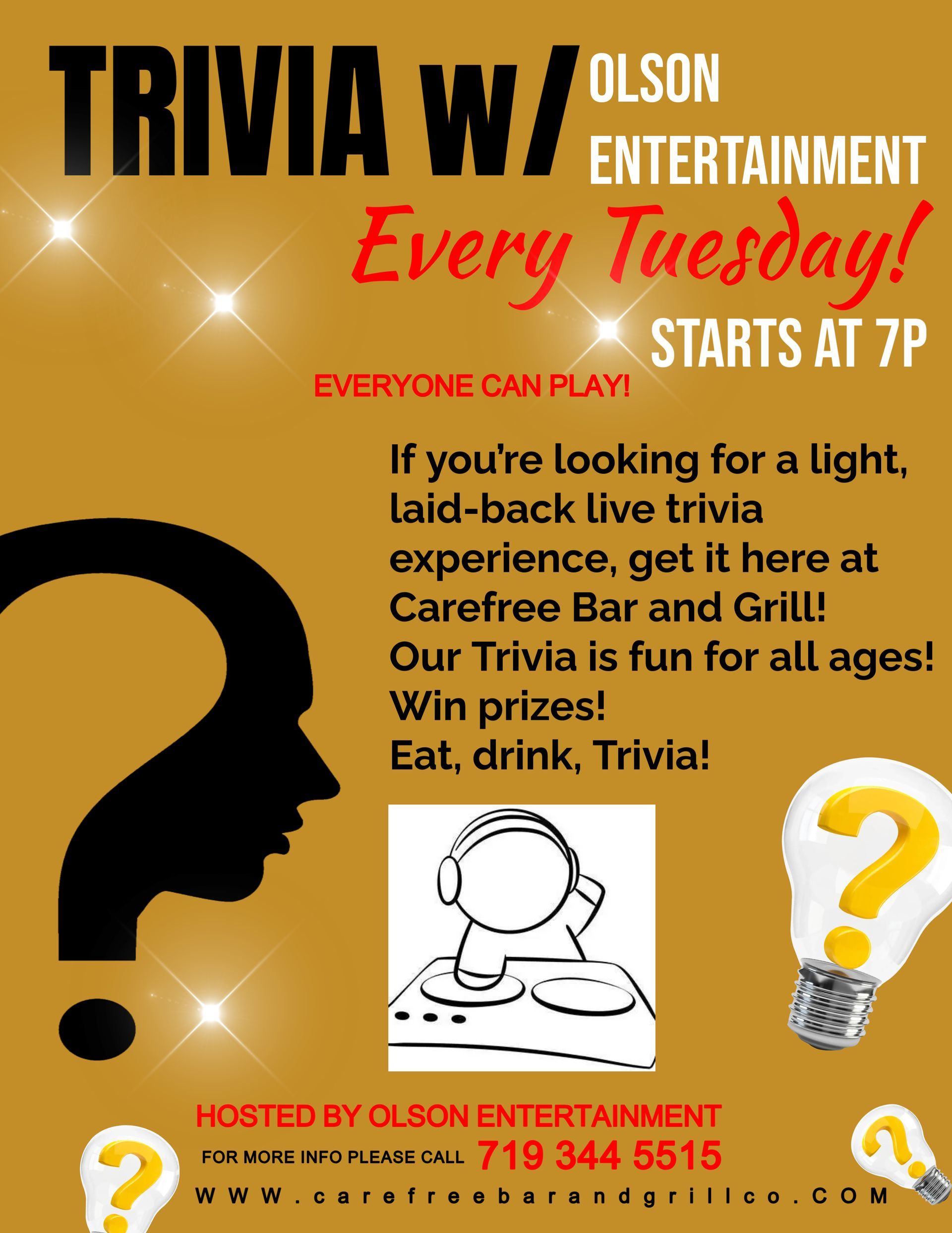 A poster for trivia w / olson entertainment every tuesday