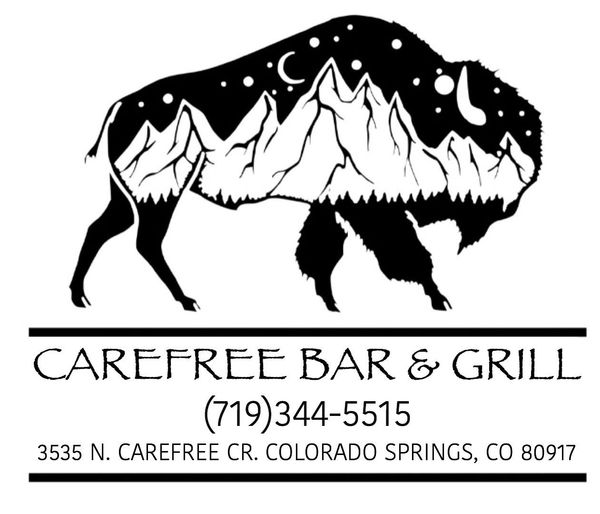 The logo for Carefree Bar and Grill shows a bison with mountains in the background