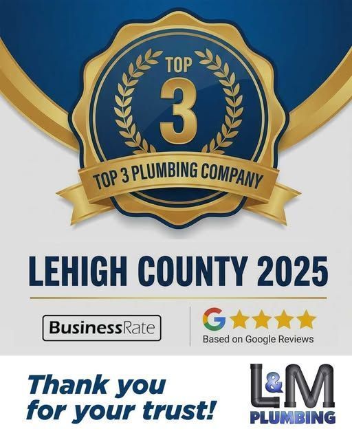 A gold seal stating L&M Plumbing is a top 3 plumbing company in Lehigh County 2025, with a 5-star Google rating.