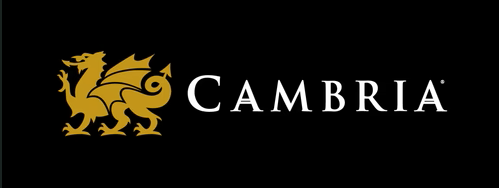 Cambria logo on black background: Gold dragon icon next to the white text