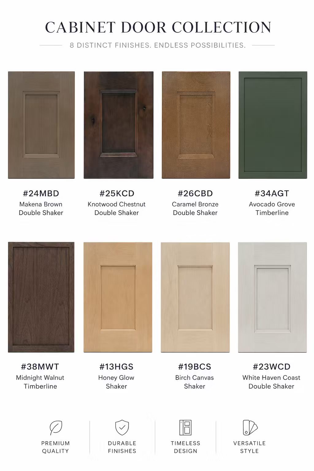 Cabinet door collection brochure showing eight door styles in brown, tan, gray, and green finishes.