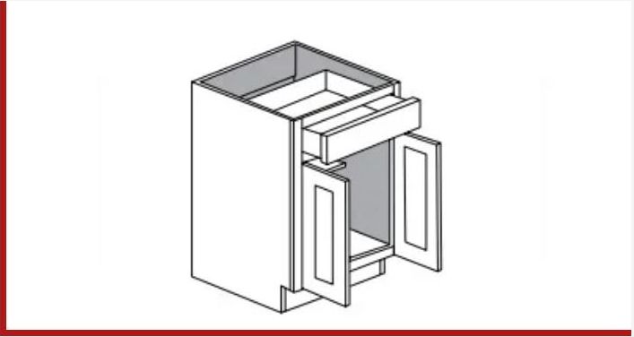 Isometric view of a kitchen cabinet with a drawer and two doors open.