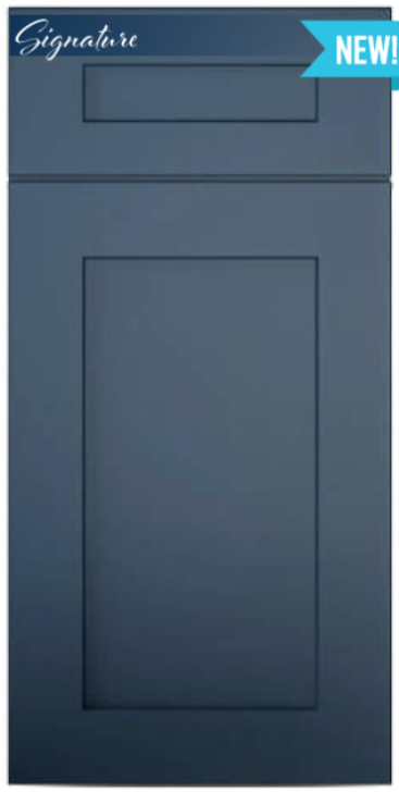 Blue kitchen cabinet door with a rectangular raised panel and smaller top panel.