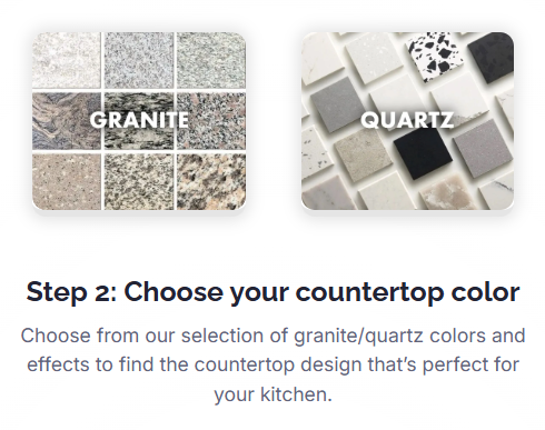 Granite and quartz countertop color options, with text 