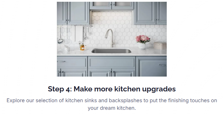 A kitchen with gray cabinets, a stainless steel sink, and a white backsplash; text: 