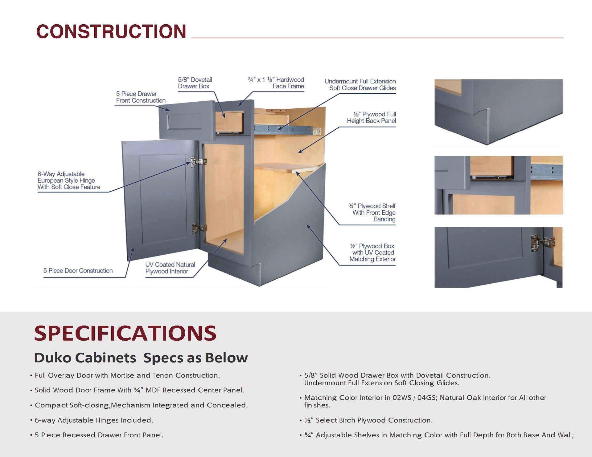 Diagram of a kitchen cabinet's construction, with labeled components and specifications for Duko Cabinets.