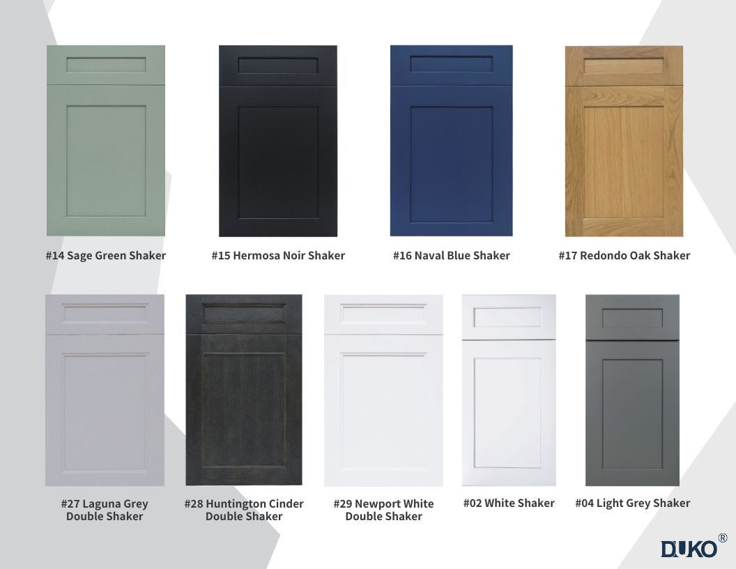 Nine different colored cabinet door samples: green, black, blue, oak, gray, and white.