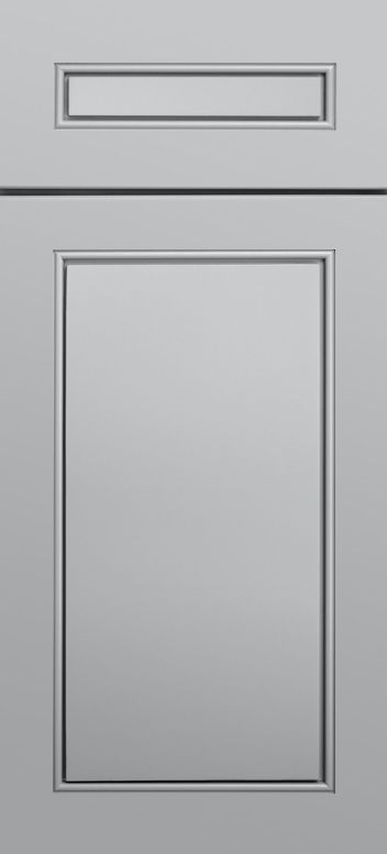 Gray kitchen cabinet door with rectangular recessed panel.