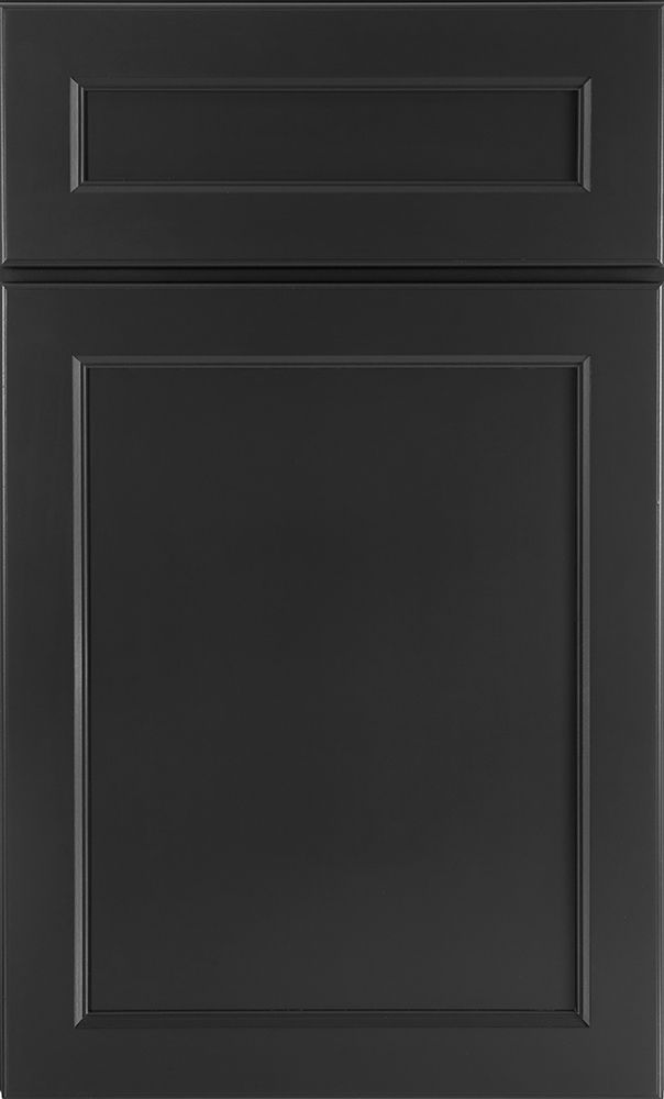 Dark gray kitchen cabinet with a raised panel door.