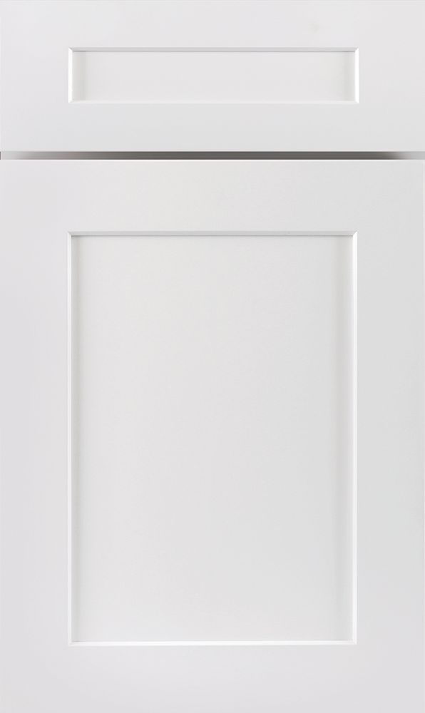 White kitchen cabinet doors, with a rectangular inset panel below a horizontal recessed handle.