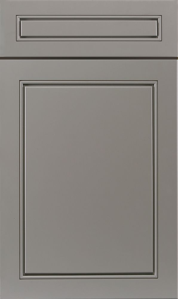Gray kitchen cabinet door with recessed panel.