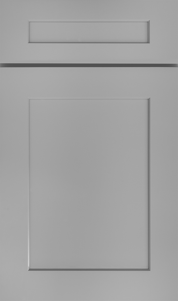 Gray cabinet door with a rectangular recessed panel and a horizontal handle cut-out.