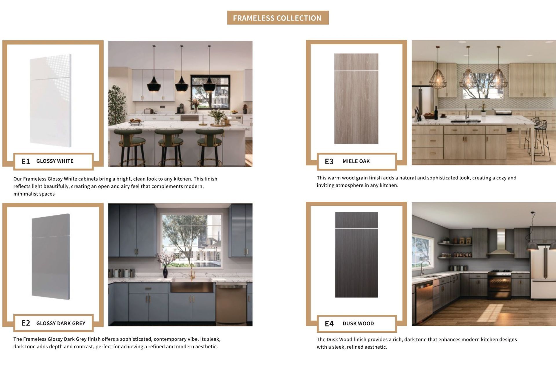 Page showcasing kitchen cabinet styles. Various door samples with matching kitchen settings displayed.