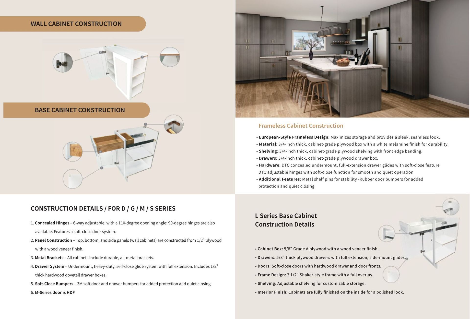 Kitchen design layout with cabinetry, island, and text descriptions.
