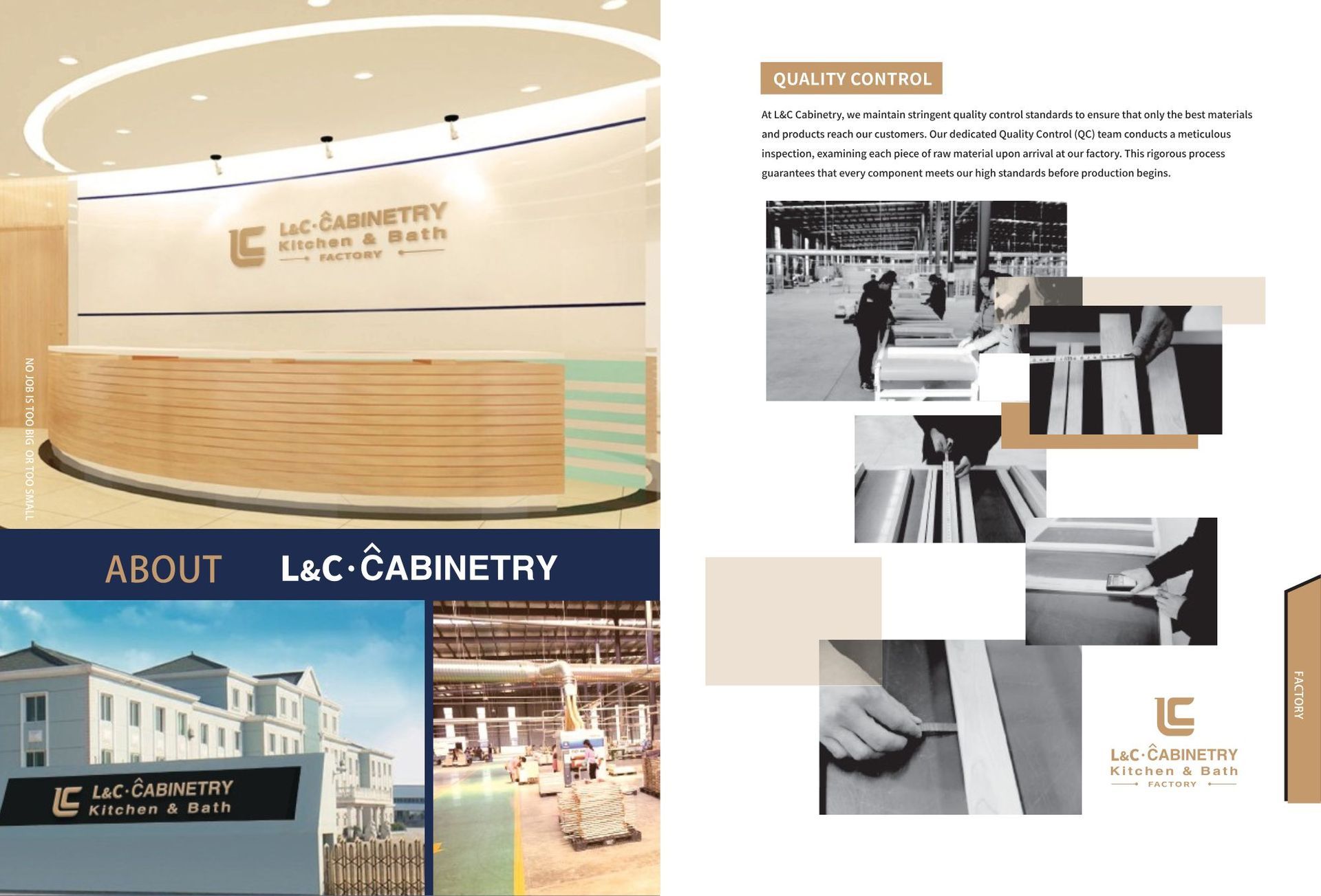 Interior showroom, L&C Cabinetry, office. Construction process shown. Brown and white tones.