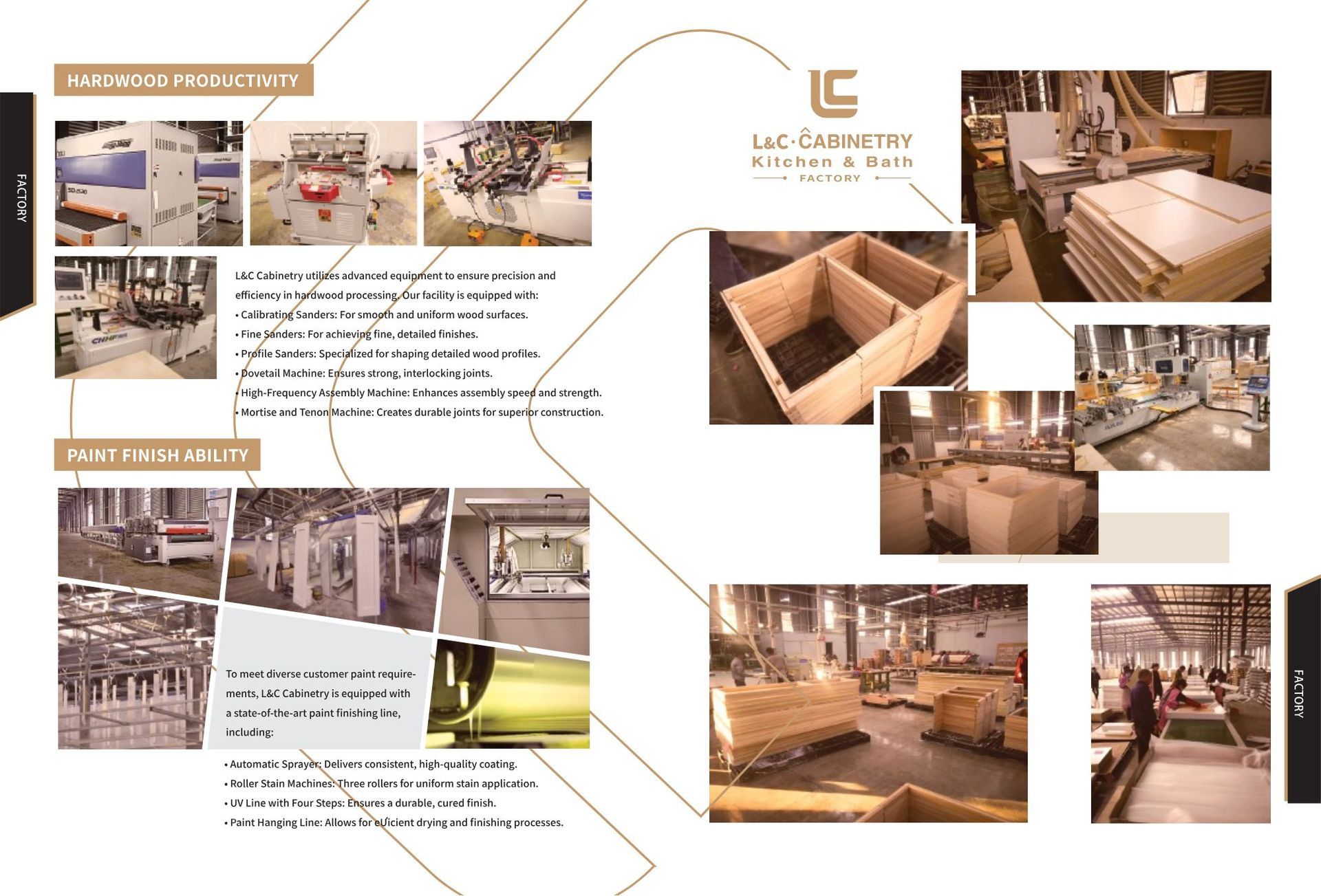 Factory production images of cabinets and materials.