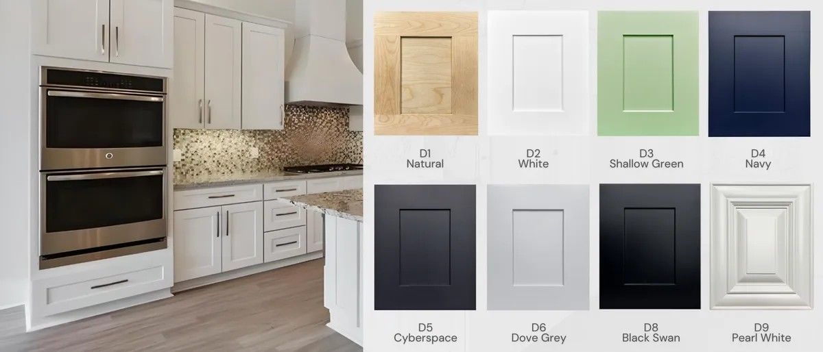 Kitchen with white cabinets and color samples for cabinet doors.