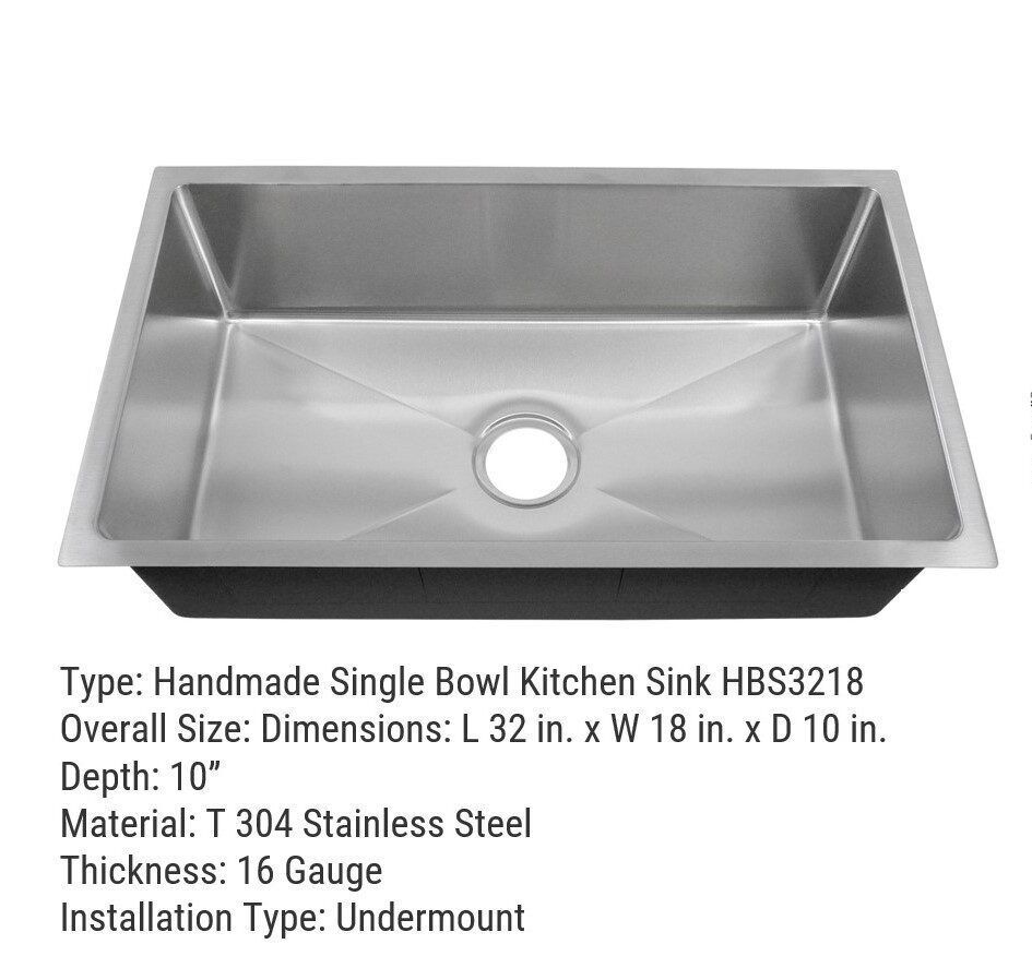 Stainless steel undermount kitchen sink. Dimensions are 32x18x10 inches.