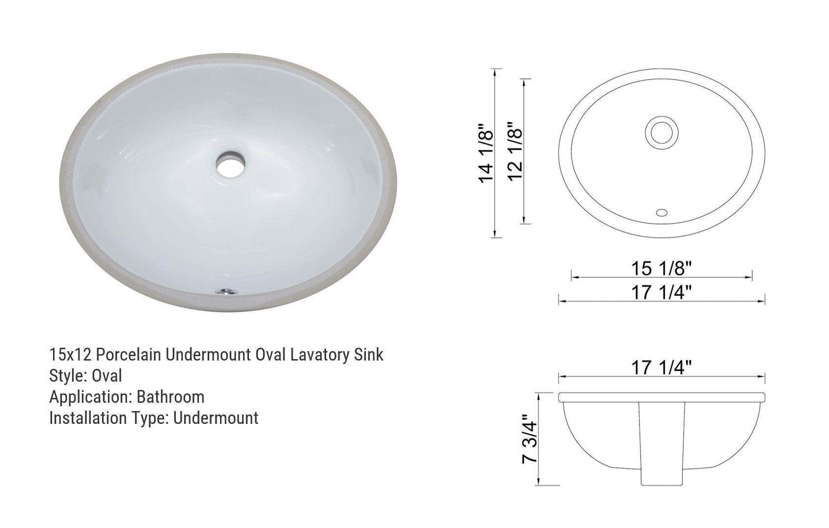 Oval undermount porcelain sink with dimensions and installation details.