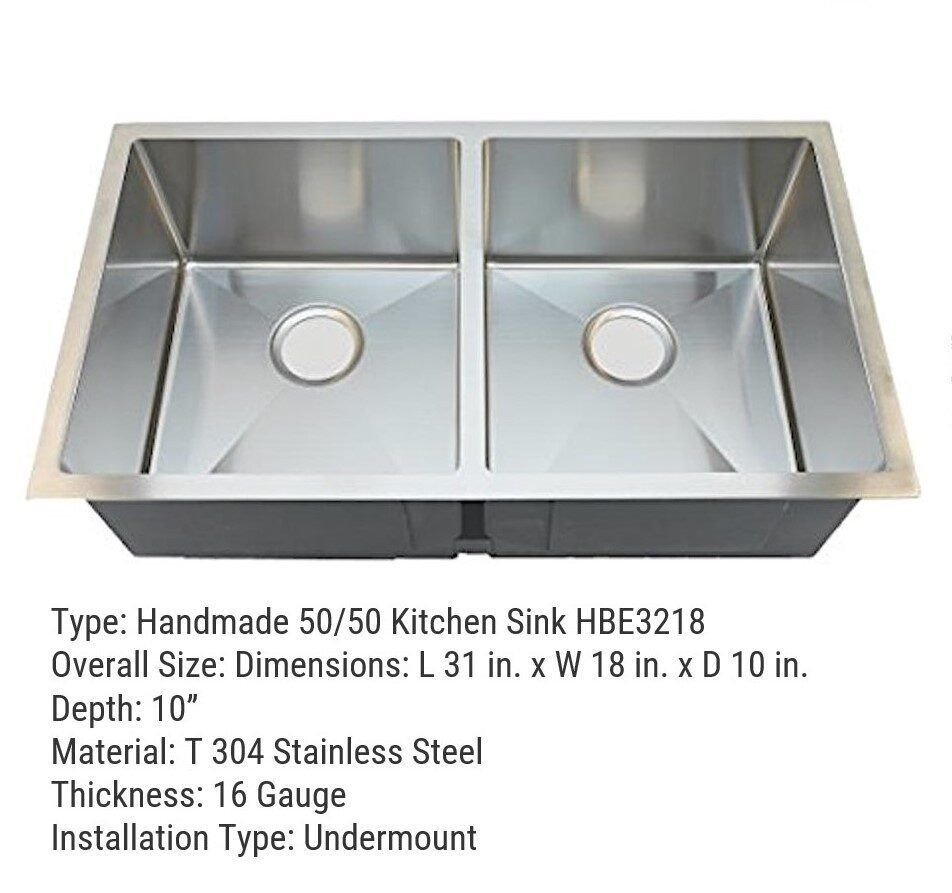 Stainless steel undermount kitchen sink, dual basin design. Dimensions: 31x18x10 inches.