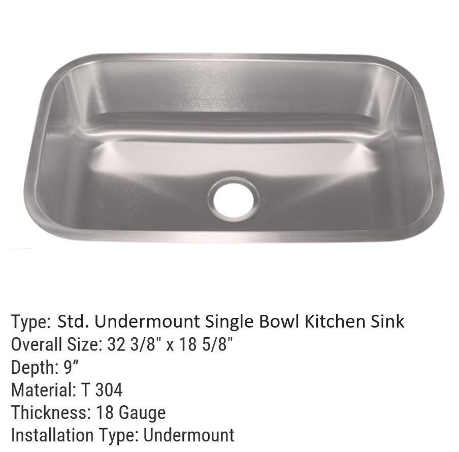 Stainless steel undermount kitchen sink. Overall size: 32 3/8