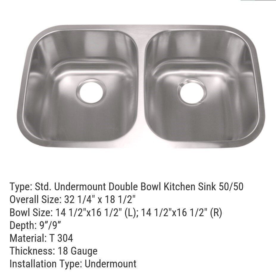 Stainless steel double-bowl kitchen sink. Undermount installation. Each bowl is 14.5