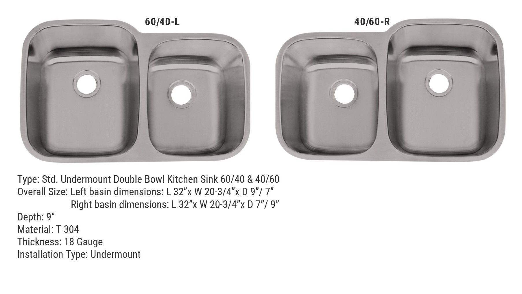 Two stainless steel kitchen sinks, each with two basins and drain holes. The left one is labeled 