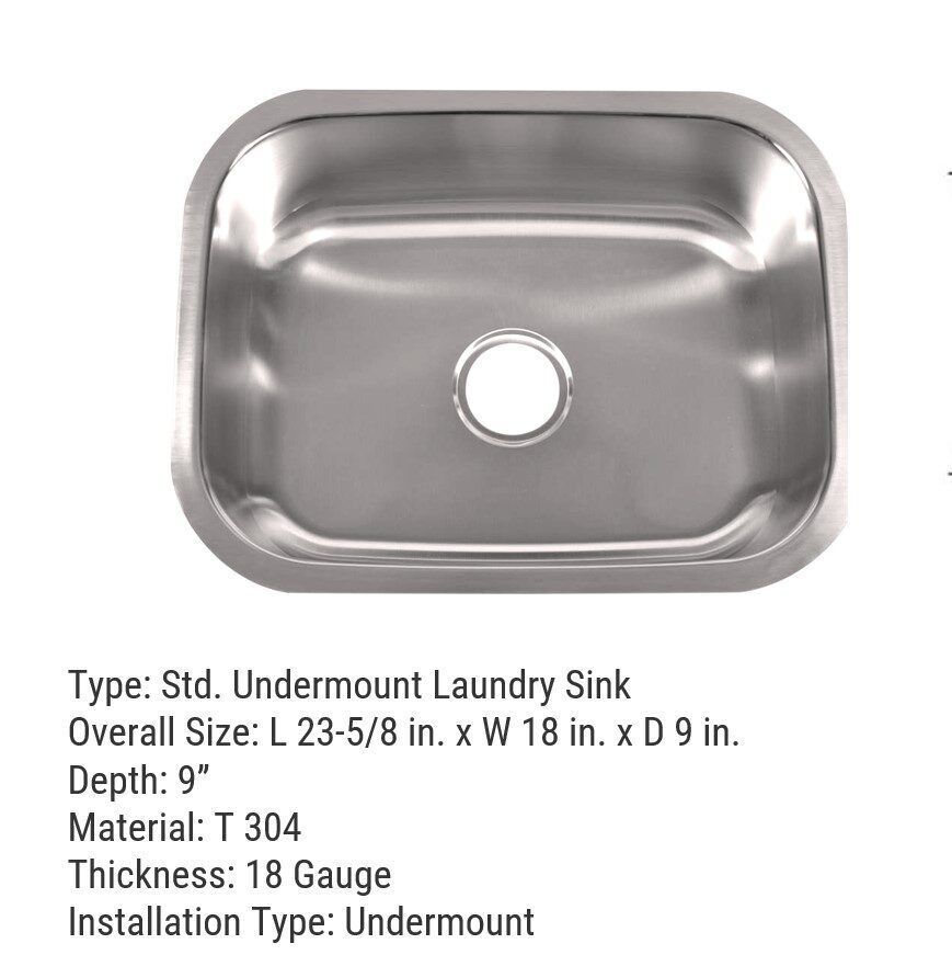 Stainless steel, undermount laundry sink with dimensions and specifications listed below.