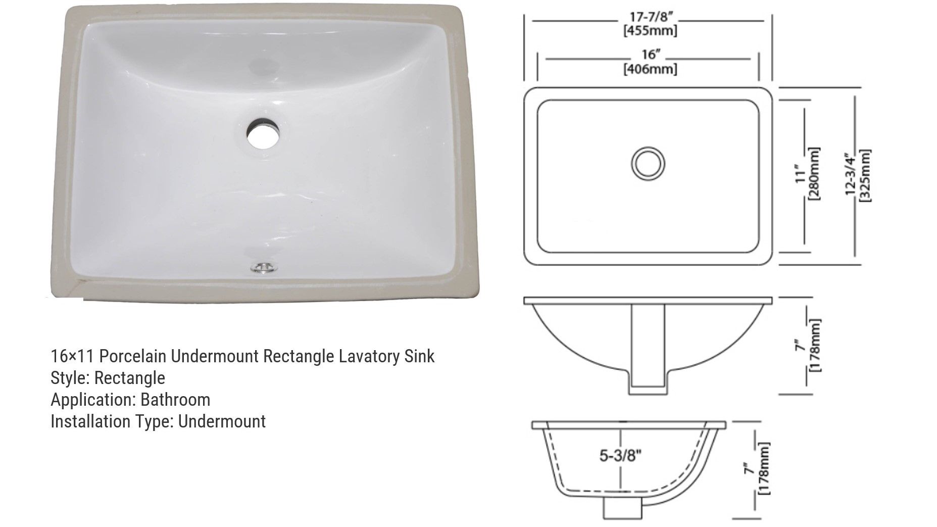 Top and side view diagrams of a white, rectangular bathroom sink with dimensions in inches and millimeters.