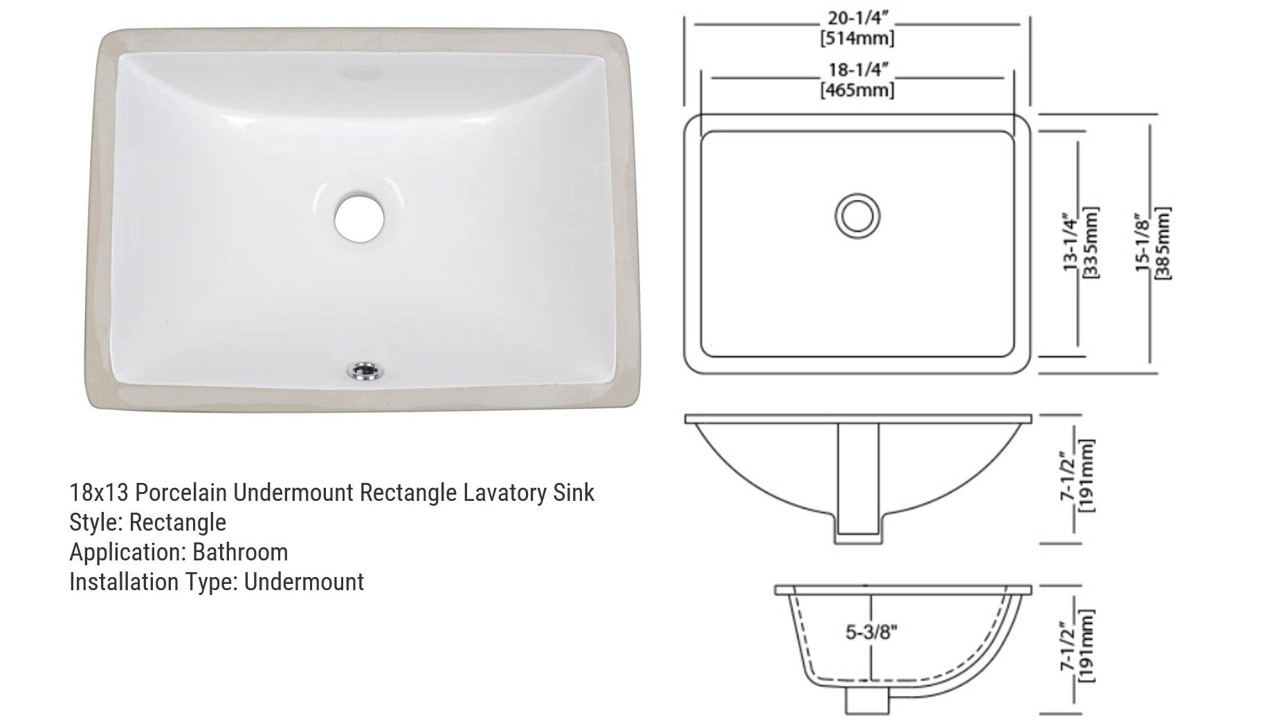 Diagram of a white, rectangular undermount bathroom sink with dimensions in inches and millimeters.