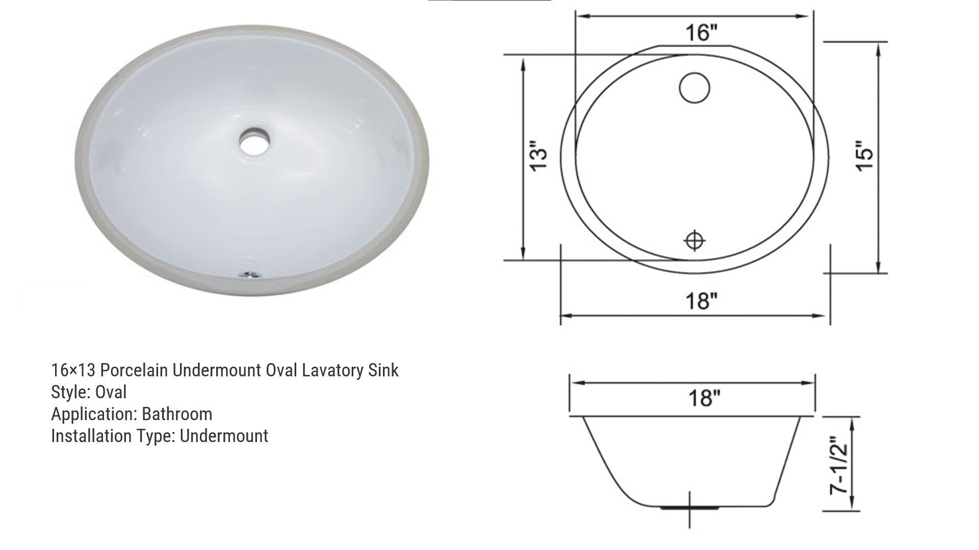 Diagram of a round porcelain undermount sink with measurements, showing top and side views.