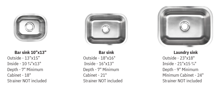 Three stainless steel sinks with dimensions: bar sinks (13