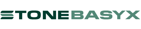 Logo for STONEBASYX in dark green font.