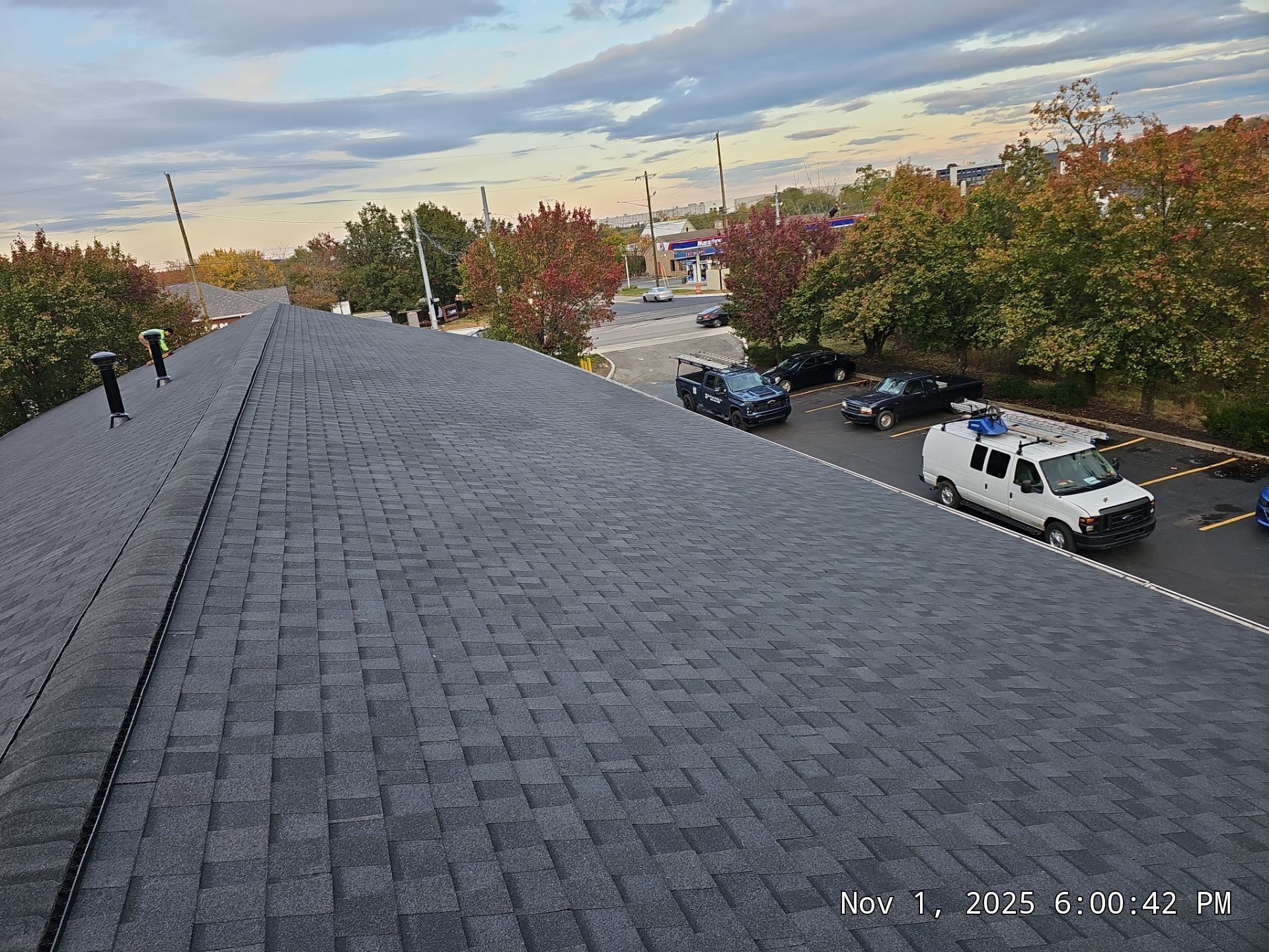 View from a rooftop: grey shingle roof, parked vehicles in lot, trees with autumn leaves, overcast sky.