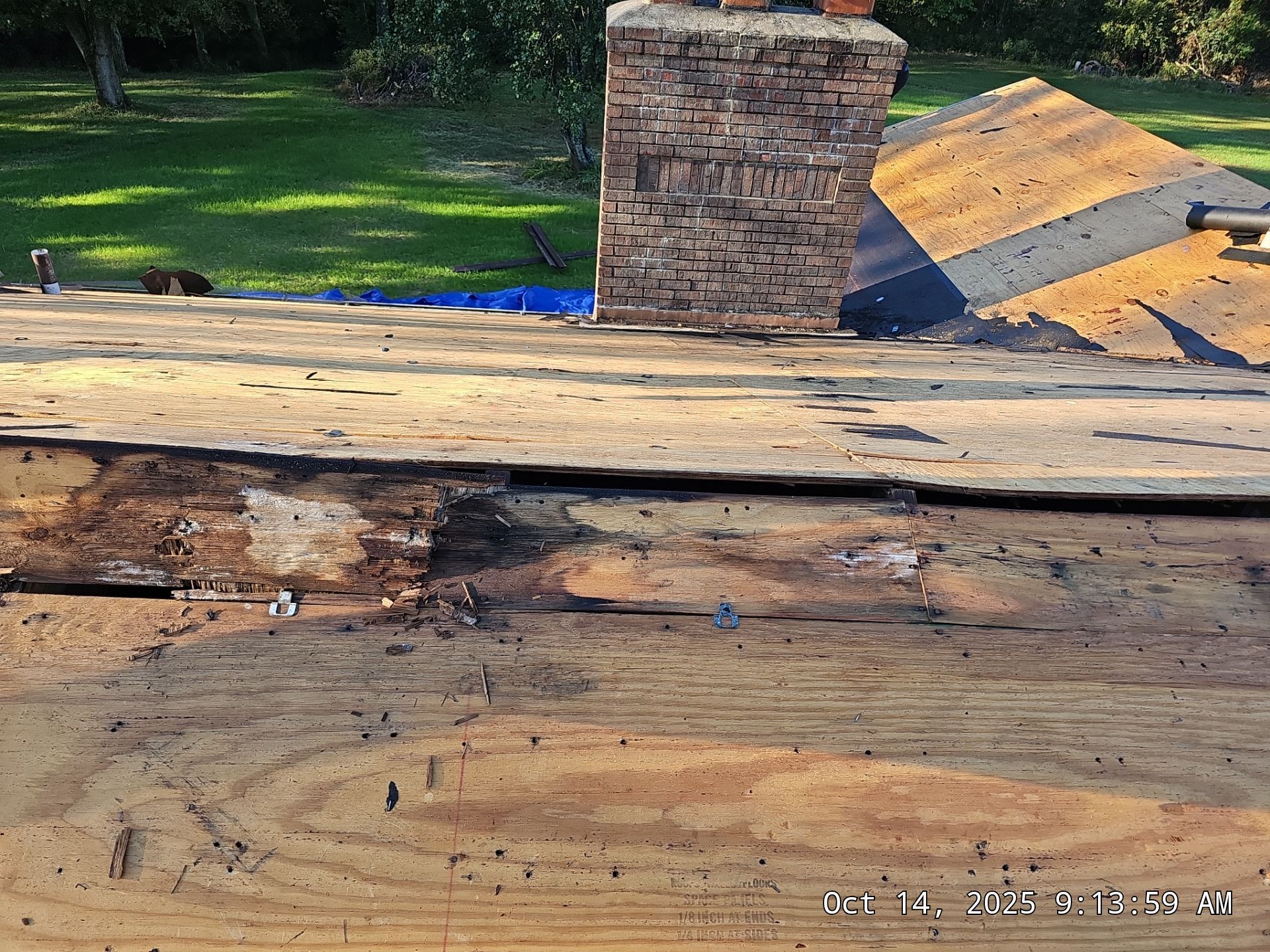 Damaged roof with exposed wooden boards near a brick chimney, with green grass visible in the background.