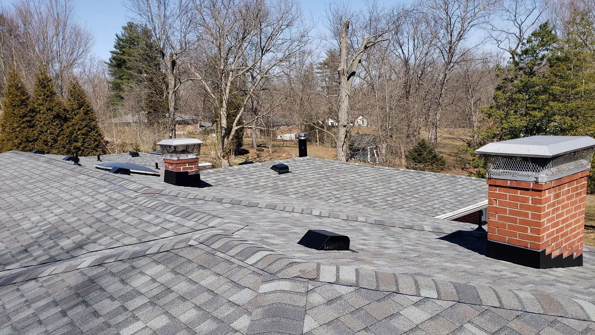 Roof with gray shingles, chimneys, and bare trees in the background under a blue sky.