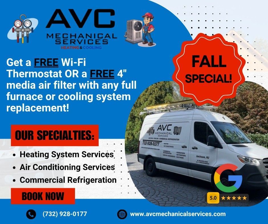 Advertisement for AVC Mechanical Services, offering a free Wi-Fi thermostat or air filter with full HVAC replacement.