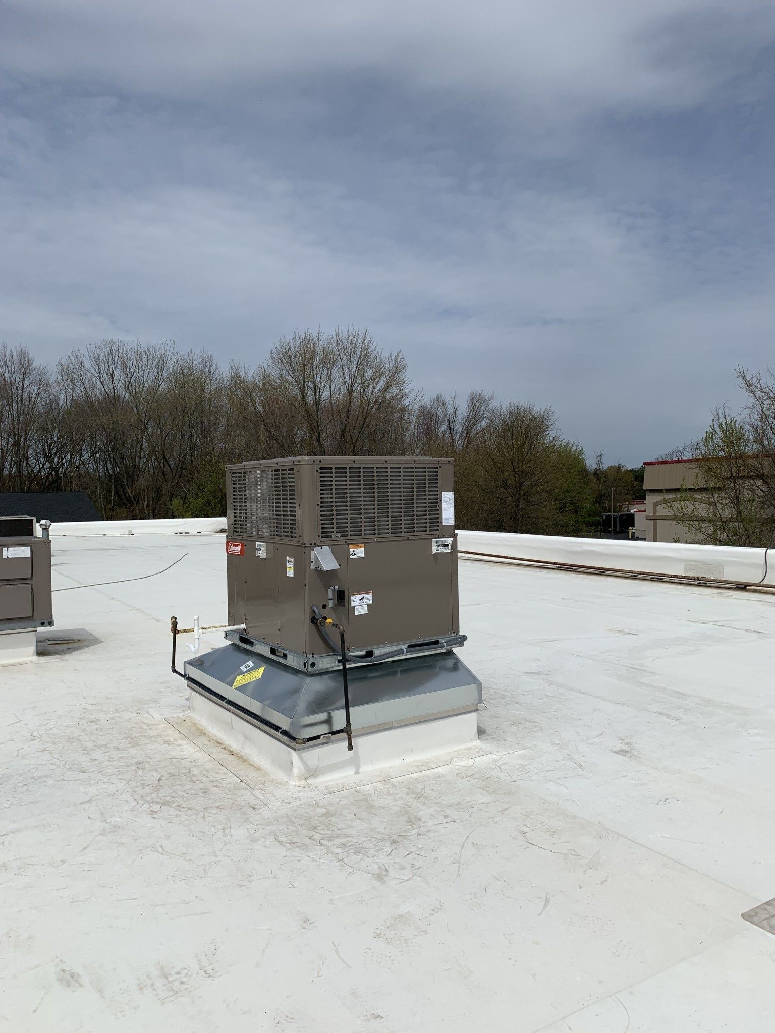 HVAC unit on a white flat roof, with trees and a cloudy sky in the background.