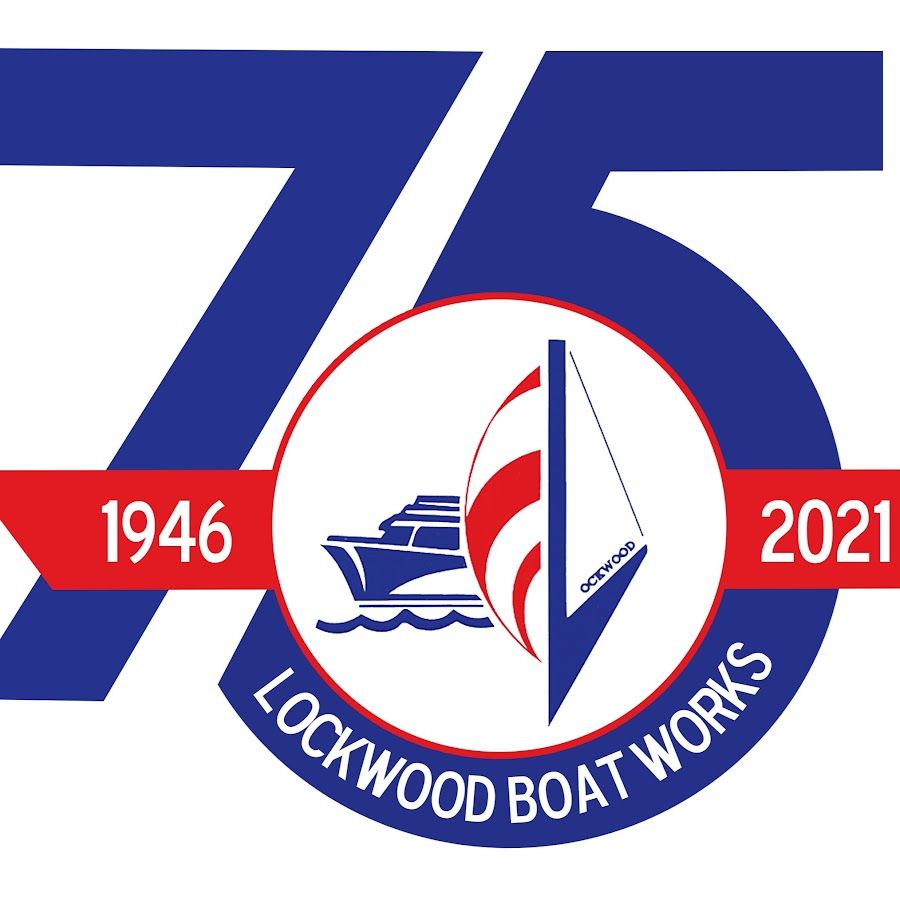 Lockwood Boat Works 75th Anniversary logo. Blue and red with a boat icon. Dates 1946-2021.