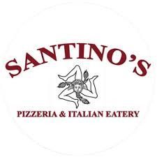 Logo for Santino's Pizzeria & Italian Eatery, featuring the name in red arc and a symbol in the center.