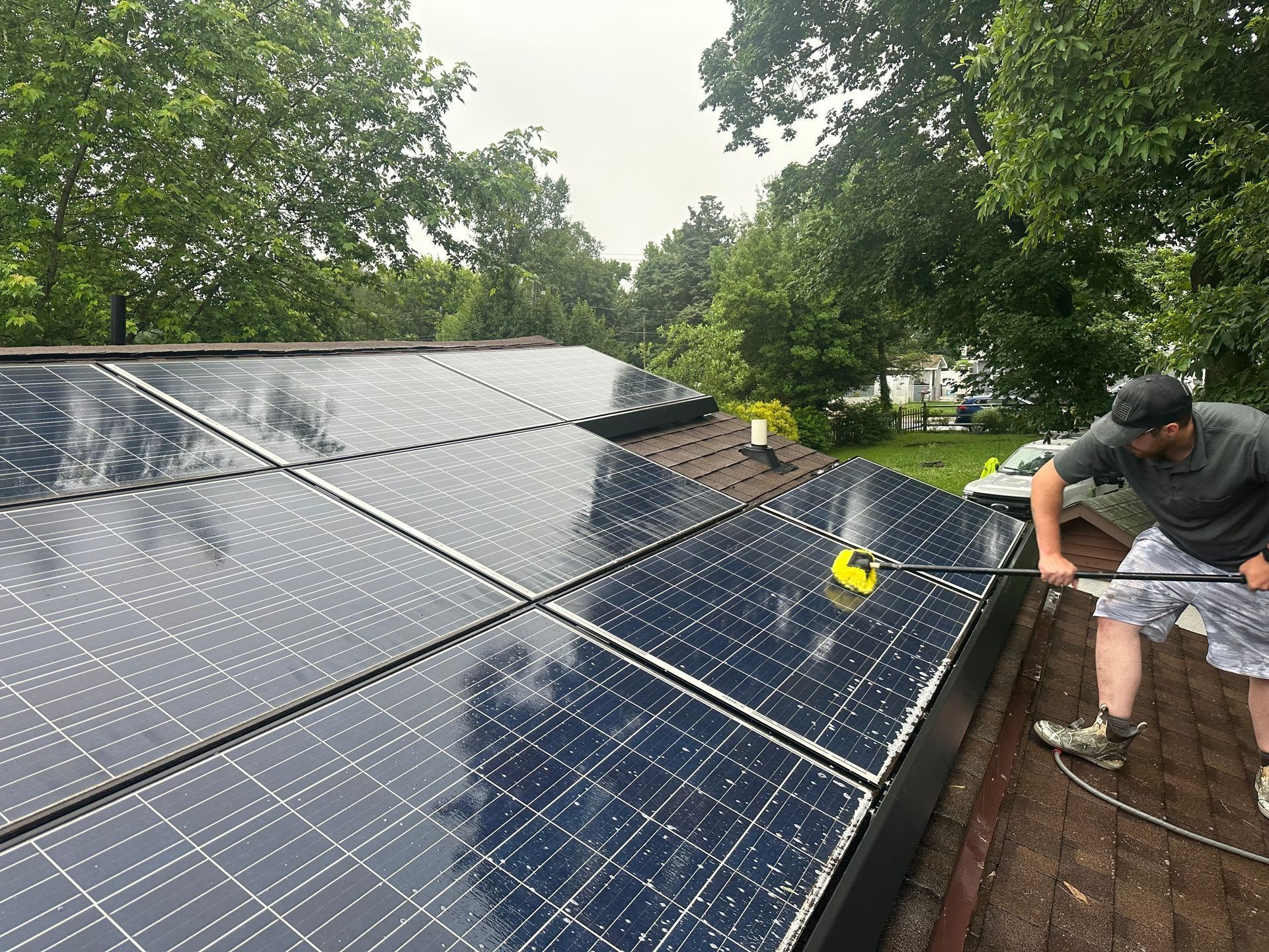 Worker cleaning rooftop solar panels beside trees on a cloudy day