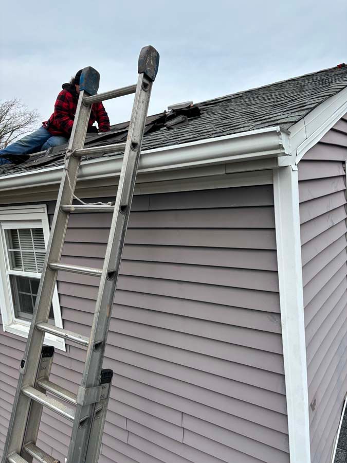 Person on a ladder repairing roof with shingles. Gray ladder against a purple-sided house with white trim. Cloudy day.