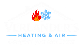 Verlander’s Heating & Air logo with house roof, flame and snowflake icons in navy, red, and light blue